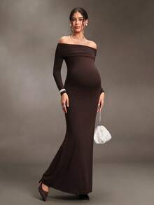 Cheriluna Maternity Maternity Party Photoshoot Dress, Elegant Cold Shoulder Backless Knot Long Sleeve Fitted Hem Mermaid Brown Autumn Fall - Brown - View 1