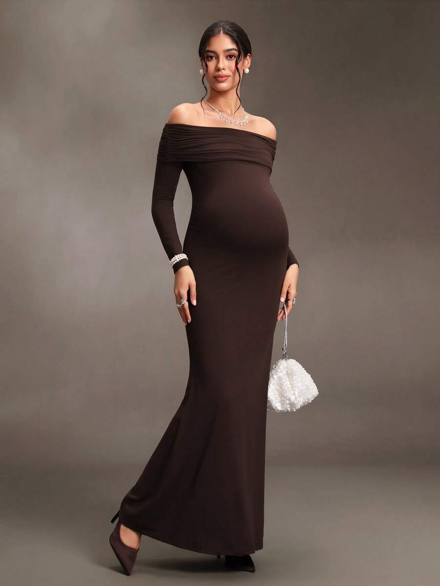 Cheriluna Maternity Maternity Party Photoshoot Dress, Elegant Cold Shoulder Backless Knot Long Sleeve Fitted Hem Mermaid Brown Autumn Fall - Brown - View 1