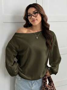 SHEIN EZwear 女款寬鬆不對稱肩白色保暖內裡運動衫，秋冬款 - 軍綠色 - 查看 4