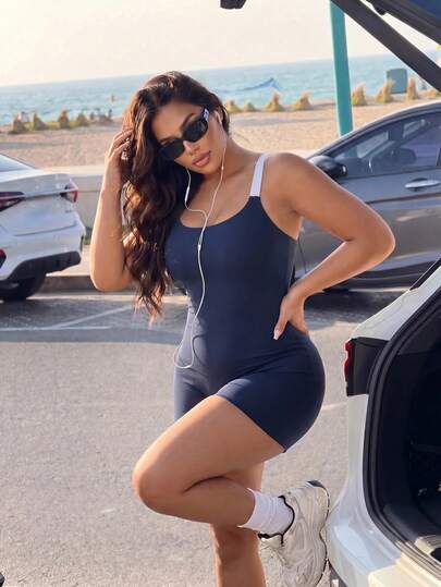 Slayform Women's Plus Size Contrast Color Spaghetti Strap Athletic Romper