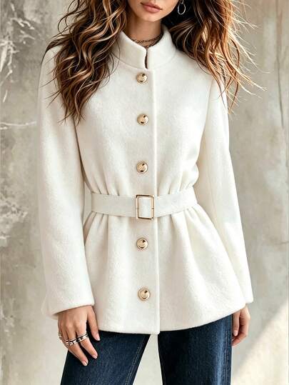 Franclia Chaqueta elegante de satén con cuello alto, botones dorados, mangas acampanadas y cinturón para mujer