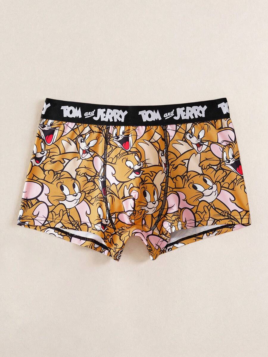 TOM & JERRY X SHEIN 男士柔软透气鼠标印花字母胶带平角裤 - 棕色 - 查看 1