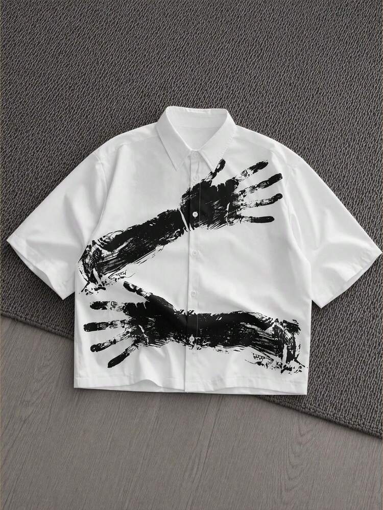 Manfinity VCAY Men's Casual Arm Print Short Sleeve Shirt,Black N White Graphic Graffiti Summer Shirts,Street Wear,City Break Vacation,Father's Day Gifts Customized - White - View 10