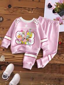 SpongeBob SquarePants | SHEIN GraphicGems 少女甜美粉色長袖運動衫與拼色條紋慢跑褲休閒套裝，適合春秋冬季 - 粉色 - 查看 6
