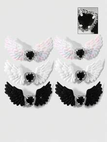 ROMWE Kawaii 2款獨特時尚復古彩色多色天使之翼水鑽愛心髮夾 DIY鴨嘴夾側夾組合套裝，節日禮物 - 黑白色-61 - 查看 2