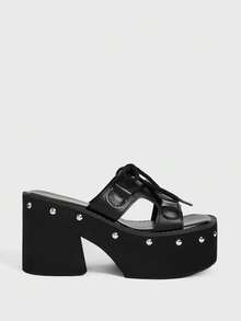 Sugerpunk Women Heeled Sandals Black Muffin Thick-Soled Outer Wear New Rivets Slip-On Wedge Heel Thick-Soled Thick-Heeled Sandals - Black - View 1