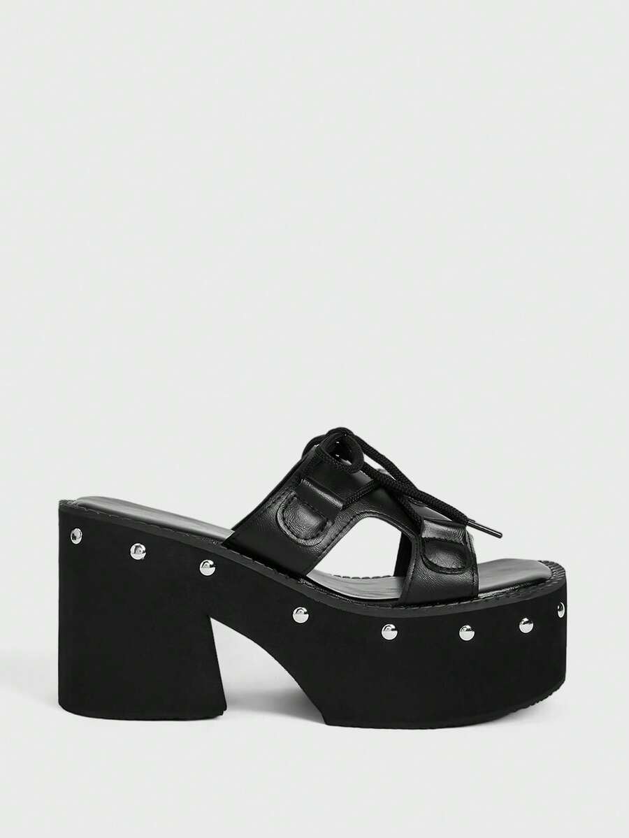 Sugerpunk Women Heeled Sandals Black Muffin Thick-Soled Outer Wear New Rivets Slip-On Wedge Heel Thick-Soled Thick-Heeled Sandals - Black - View 1