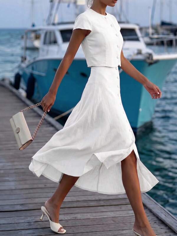 Editum Women's Round Neck Short Sleeve Button-Front Blouse + Side Zipper Faux Pocket Umbrella Skirt Elegant Commuter Vacation White Summer
