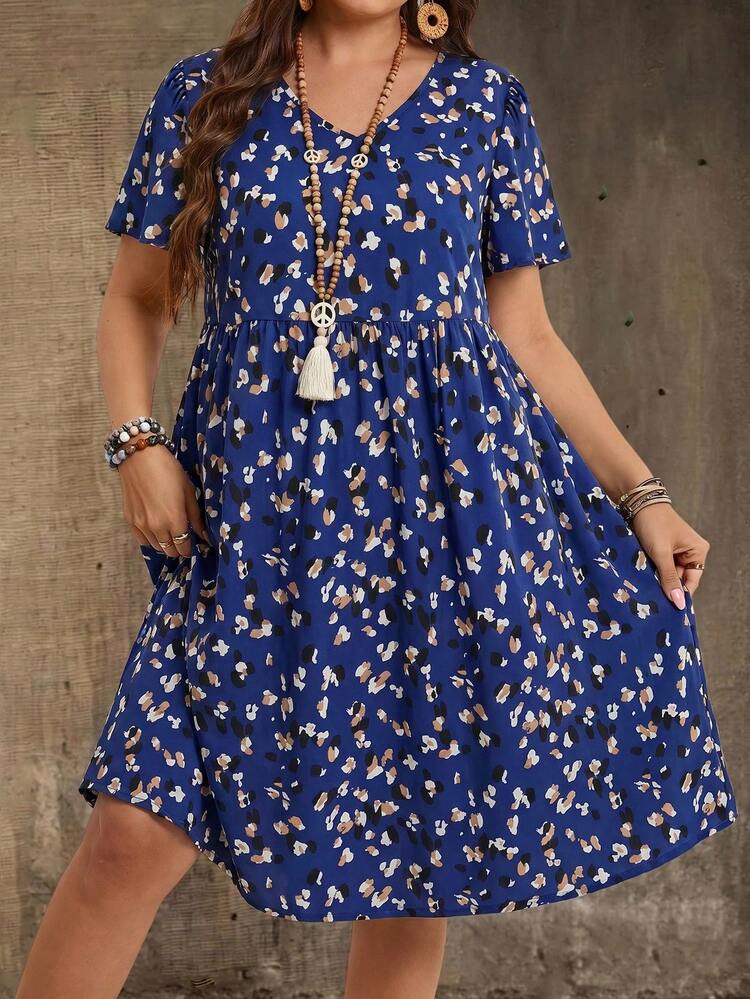 EMERY ROSE Plus Size V-Neck Short Sleeve Casual Dress,Country Casual Vacation Outfits Woman,Simple And Fashionable For Everyday Wear,Summer Tops Women,Summer Outfits For Women - Navy Blue - View 6
