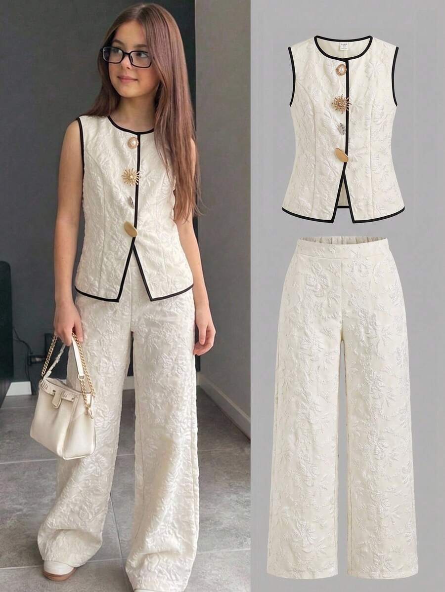 SHEIN Tween女孩純色百褶腰設計修身優雅襯衫，對比飾邊素面質感上衣 - 白色 - 查看 1