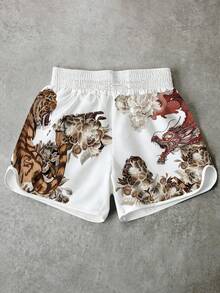 Manfinity EMRG Men's White Dragon & Tiger Floral Print Streetwear Boxing Shorts, Japanese Retro Casual Summer Sports Shorts, Suitable For Vacation, Music Festival, Party, Daily Commute - Multicolor - View 1