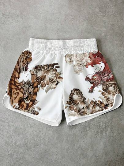 Manfinity EMRG Men's White Dragon & Tiger Floral Print Streetwear Boxing Shorts, Japanese Retro Casual Summer Sports Shorts, Suitable For Vacation, Music Festival, Party, Daily Commute