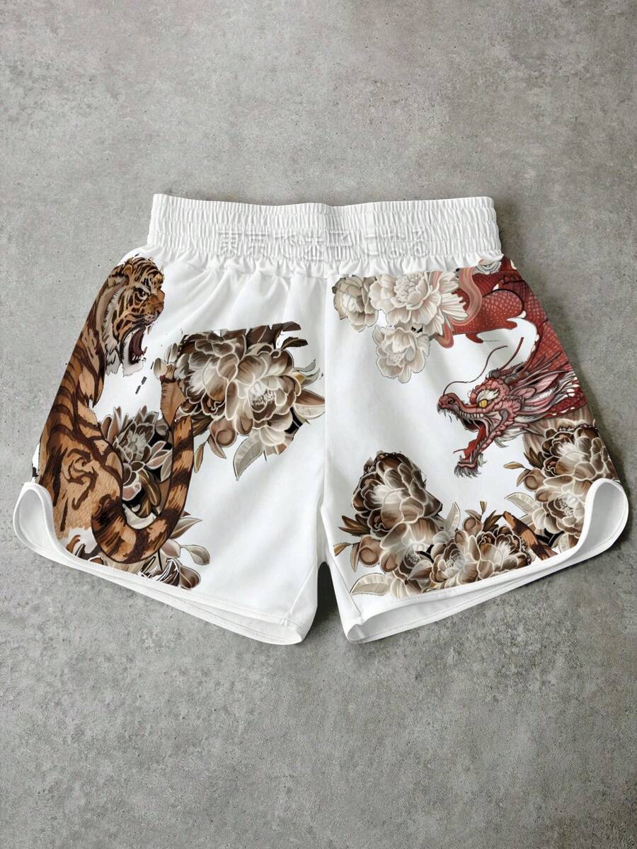Manfinity EMRG Men's White Dragon & Tiger Floral Print Streetwear Boxing Shorts, Japanese Retro Casual Summer Sports Shorts, Suitable For Vacation, Music Festival, Party, Daily Commute - Multicolor - View 1