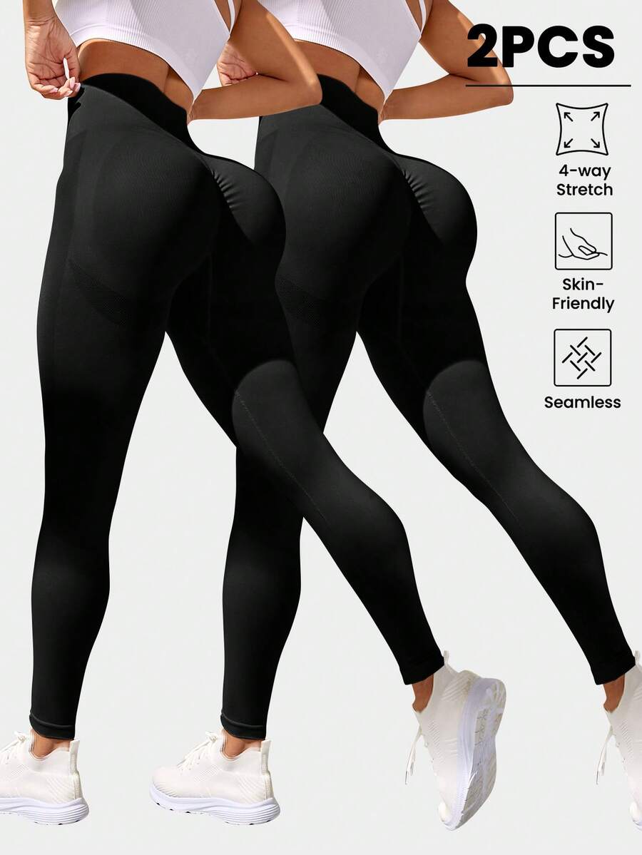 Velisys Velisys 女款純色高腰休閒百搭日常穿著運動緊身內搭褲 2件/包 - 黑色 - 查看 1