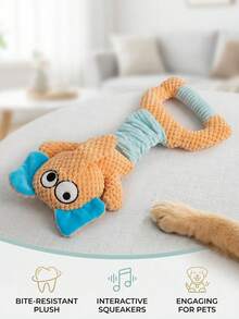 PETSIN Orange Elephant Plush Dog Toy With Tug Handle & Squeaker, Interactive Pet Chew Toy For Small Dogs & Cats, Funny Crinkle Puppy Toy For Indoor Play, Teeth Cleaning & Boredom Relief - Orange handle elephant - View 2