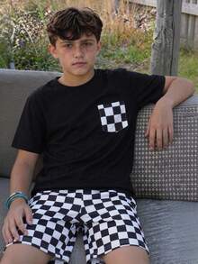 SHEIN 2pcs Kids Tween Boy Casual Q-Checkerboard Sporty Style Loose Knit Crew Neck T-Shirt And Knit Shorts Set, Suitable For Spring/Summer Home And Outdoor Wear - Black - View 7