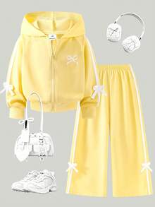 SHEIN Genkimix Kids Long Sleeve Little Girls 2‑Piece Casual Tracksuit, Fall Tops - Yellow - View 3