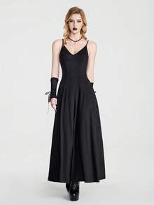 SHEIN LUNE Casual Embroidered V-Neck Spaghetti Strap Dress - Black - View 6