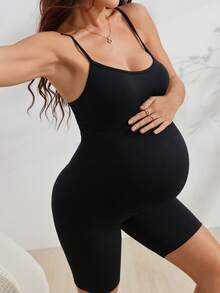 SHEIN Suprenx Maternity High Waist Elastic Belly Support Shorts, With Expandable Belly Panel, Yoga Activewear, Christmas Edition, For Mom Gym Going - Black - View 3