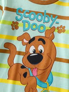 SCOOBY-DOO X SHEIN 男嬰可愛卡通小狗字母彩色條紋印花圓領正肩長袖長褲休閒高彈修身睡衣套裝 2件組 - 藍色 - 查看 4