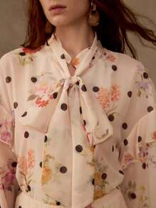 MOTF PREMIUM FLORAL POLKA DOT PRINT TIE NECK LANTERN SLEEVE TOP & TIERED HEM SKIRT SET - Apricot - View 2
