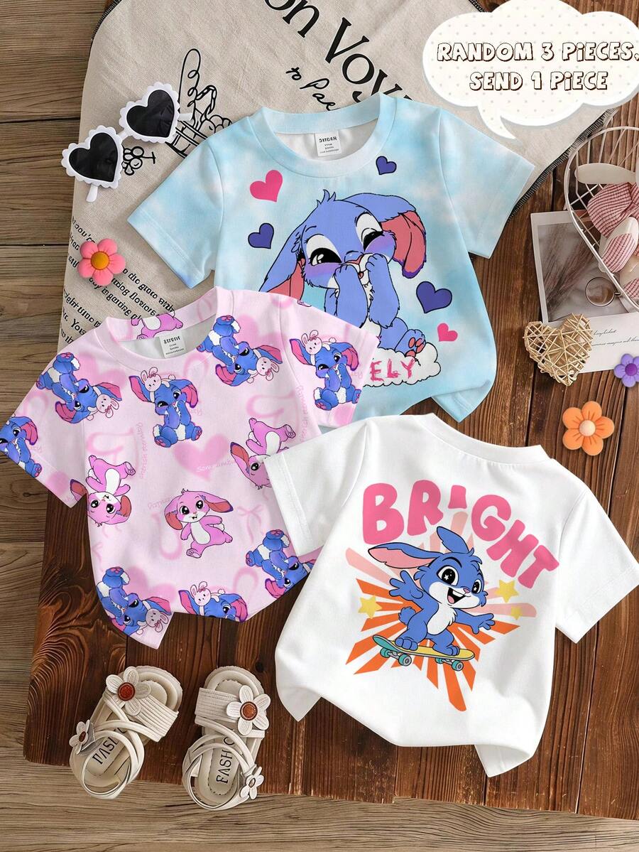 女嬰休閒極簡可愛卡通藍色兔子 Lulu & Stitch 圖案短袖圓領上衣,夏季圖案 T-shirt,舒適,上衣,Y2K,Kawaii,可愛 - 彩色 - 查看 1