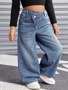 SHEIN Young Girl Young Girl Young Girl Young Girl Asymmetrical Waistband Pocket Wide Leg Loose Casual Denim Jeans Autumn Winter - Light Wash - View 8