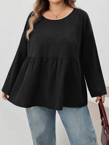 SHEIN CURVE+ Plus Size Autumn Fashion Casual Loose Daily Textured Fabric Long Sleeve Ruffle, Winter 2026 22W Fall - Black - View 3