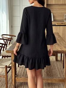 SHEIN LUNE Women's New Autumn Black Vertical Textured Asymmetrical Neckline Dress, 3/4 Ruffle Sleeve, Pearl Button, Loose Fit, Flattering Ruffle Hem Short Dress - Black - View 3