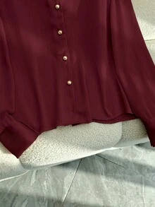 Franclia 优雅合身前扣领长袖金扣流星面料粉色女式衬衫，春秋 - 酒紅色 - 查看 5