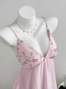 Elamini Summer Casual Cute Vacation Women's Pink Floral Mesh Embroidered Patchwork Rose 3D Flower Decor Backless Spaghetti Strap Puff Multi-Layer Sweet Dress - Pink - View 1