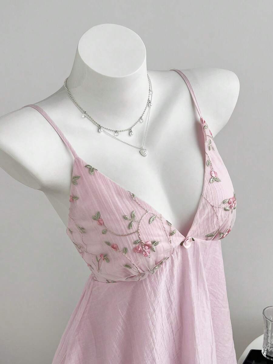 Elamini Summer Casual Cute Vacation Women's Pink Floral Mesh Embroidered Patchwork Rose 3D Flower Decor Backless Spaghetti Strap Puff Multi-Layer Sweet Dress - Pink - View 1