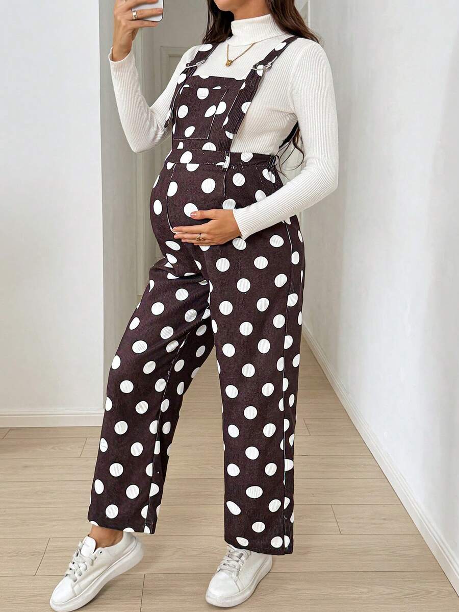 SHEIN 孕婦波點休閒日常穿搭連身褲 - 棕色 - 查看 1