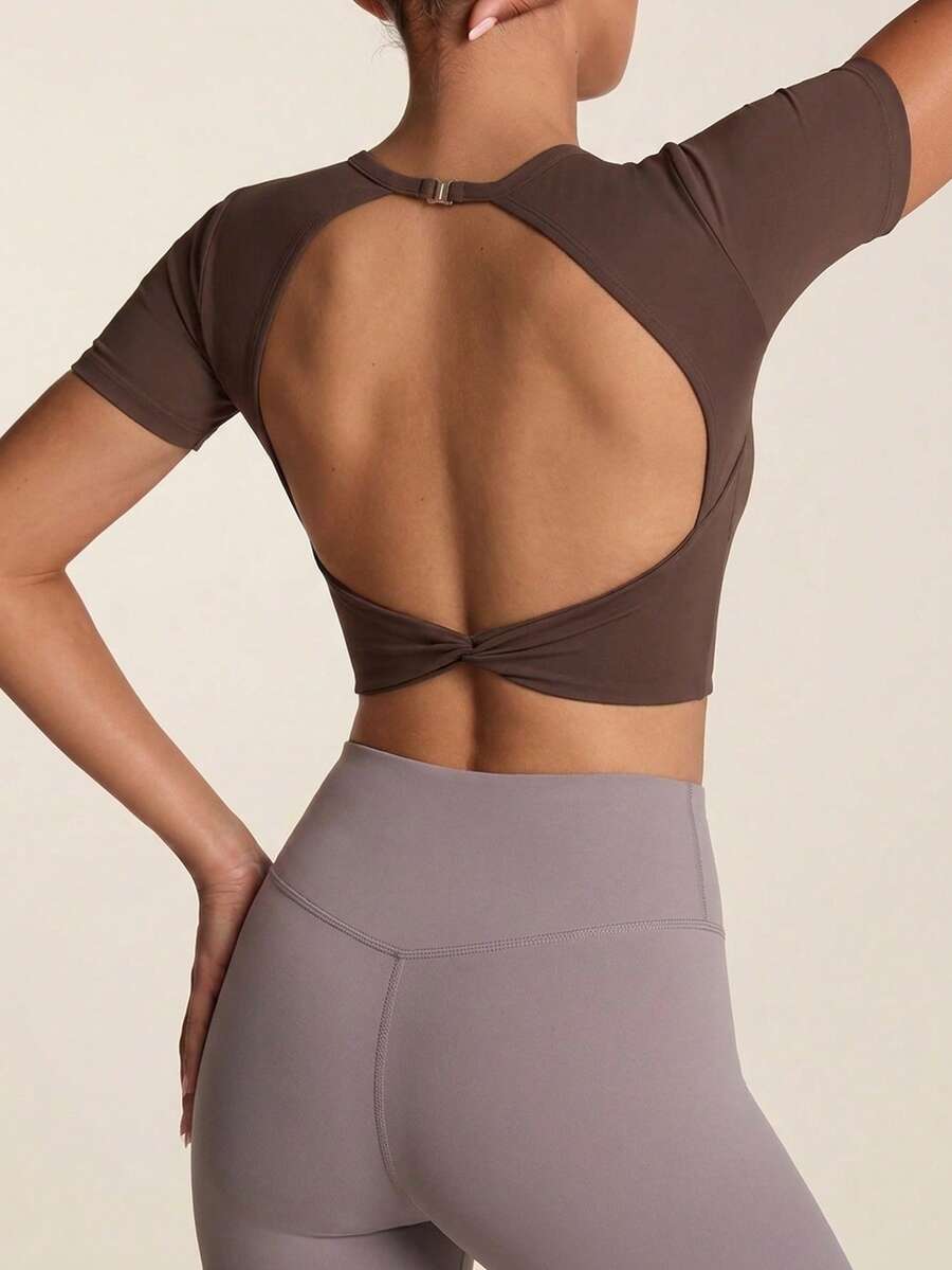 SHEIN BAE Áo thun thể thao nữ ôm sát dáng ngắn, cổ tròn, tay ngắn, hở lưng, màu trơn nâu, áo tập gym mùa hè