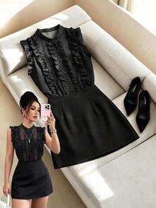 SHEIN Franclia Women's Polka Dot Pattern Ruffle Blouse And Skirt 2 Pieces Set - Black - View 4