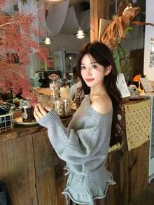 DAZY Women's Korean Style Asymmetrical Shoulder Ruffle Trim Long Sleeve Sweater Fall - Grey - View 2