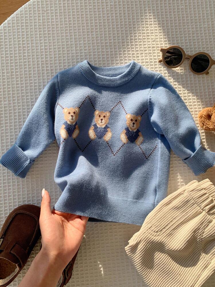 Unisex Baby Boy/Girl Baby Boy 2pcs Autumn/Winter Casual Cute Bear Pattern Crew Neck Knit Sweater - Blue - View 5