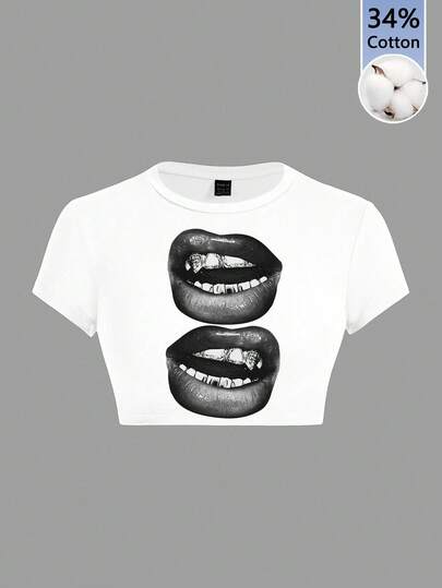 SHEIN ICON Women's Sexy Hip Hop Lip Print Graphic Cropped Round Neck T-Shirt