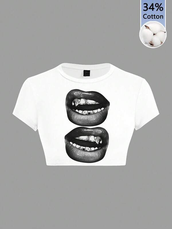 SHEIN ICON Camiseta corta de cuello redondo con estampado gráfico de labios estilo hip hop sexy para mujer