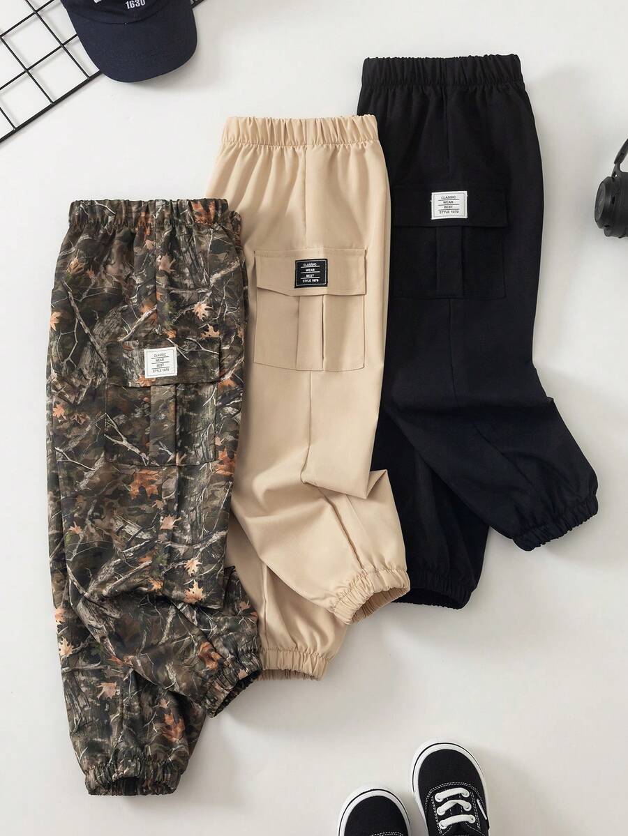 SHEIN 秋季三色彈性腰工裝長褲,羅紋褲腳、工裝口袋,休閒百搭,3件組,男女童中性款 - 彩色 - 查看 1