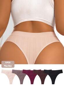 SHEIN 5pcs Women Plus Size Basic Solid Seamless Comfortable Ribbed Knitted Sexy Thong Panties - Multicolor - View 5