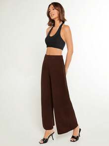SHEIN BASICS 女款純色時尚百搭寬鬆寬腿褲 夏季女裝套裝 - 棕色 - 查看 4