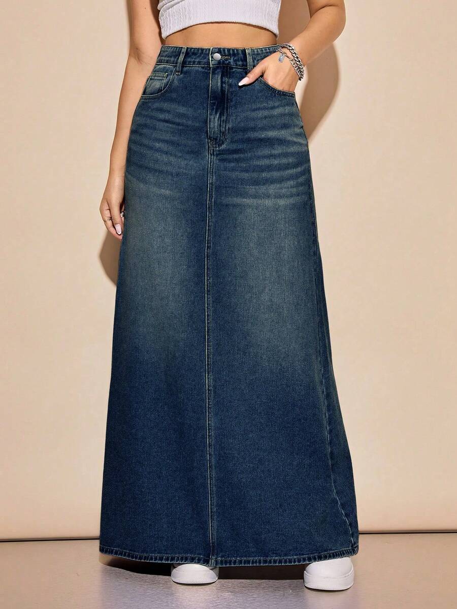 SHEIN EZwear 時尚百搭鈕扣口袋A字牛仔裙 - 霧霾藍 - 查看 1
