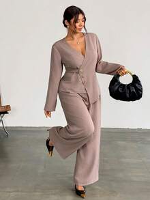 Firerie Plus Size Women's Elegant Metal Button Design Long Sleeve Shirt And Pants Set - Khaki - View 6