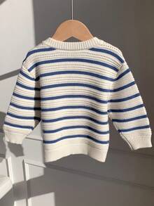 SHEIN Unisex Baby Jungen/Mädchen Baby Jungen Herbst/Winter Lässig Süß Gestreifter Strick Cardigan Pullover Jacke, Baby Jungen Herbst/Winter Kleidung, Weich, Vintage - Blau-Weiß - Übersicht 2
