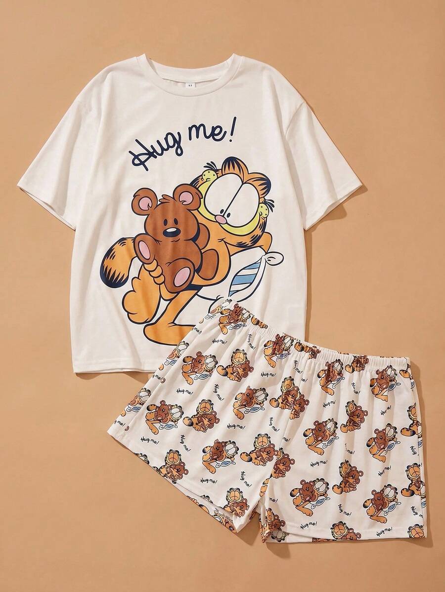GARFIELD | SHEIN Conjunto de pijama de talla grande con estampado de gato de dibujos animados, de cuello redondo y manga corta, con top y pantalones cortos, para verano - Blanco - Ver 1
