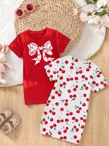 2pcs/Set Girls Casual Fruit Cherry Print Short Sleeve T-Shirt Dress,Back-To-School School Comfortable Daily Wear,Suitable For Spring,Summer And Autumn - Multicolor - View 4