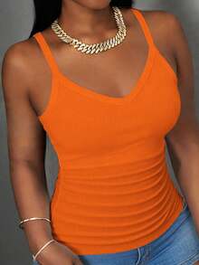 Slaydiva 2026 Primavera/Verano Nueva Llegada Casual Básico Versátil Blanco Liso Acanalado Cuello en V Espalda de Corredor Ga - Naranja - Ver 7