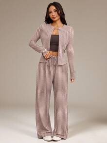SHEIN PETITE 女款條紋長袖單排扣T恤與長褲休閒兩件套 - 粉色 - 查看 4