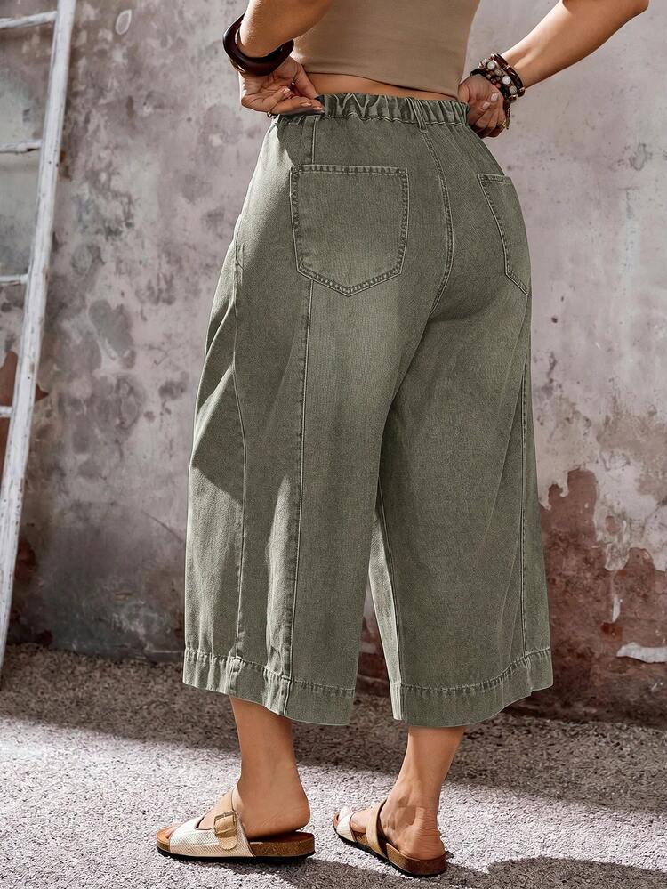 EMERY ROSE EMERY ROSE Plus Size Women's Pocket Wide Leg Loose Casual Streetwear Versatile Denim Jeans, Army Green Pants, Elastic Waist, Commuter, Office, Casual. - Army Green - View 2